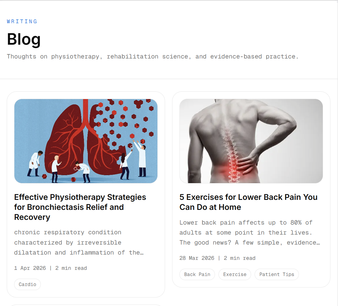 The physio blog page with article cards and patient education topics.