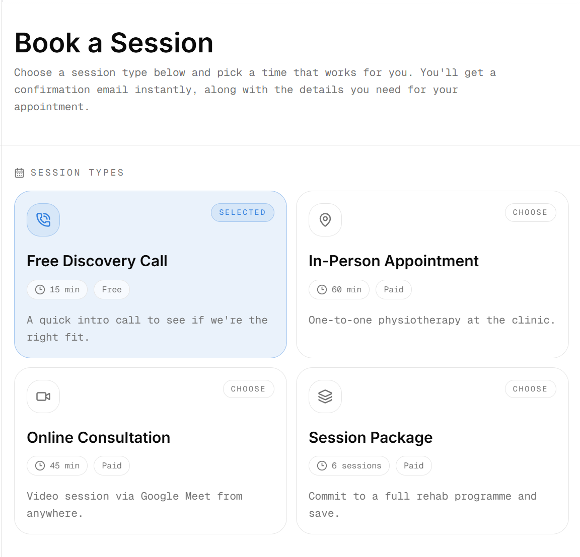 The booking page with consultation options, discovery calls, and session packages.