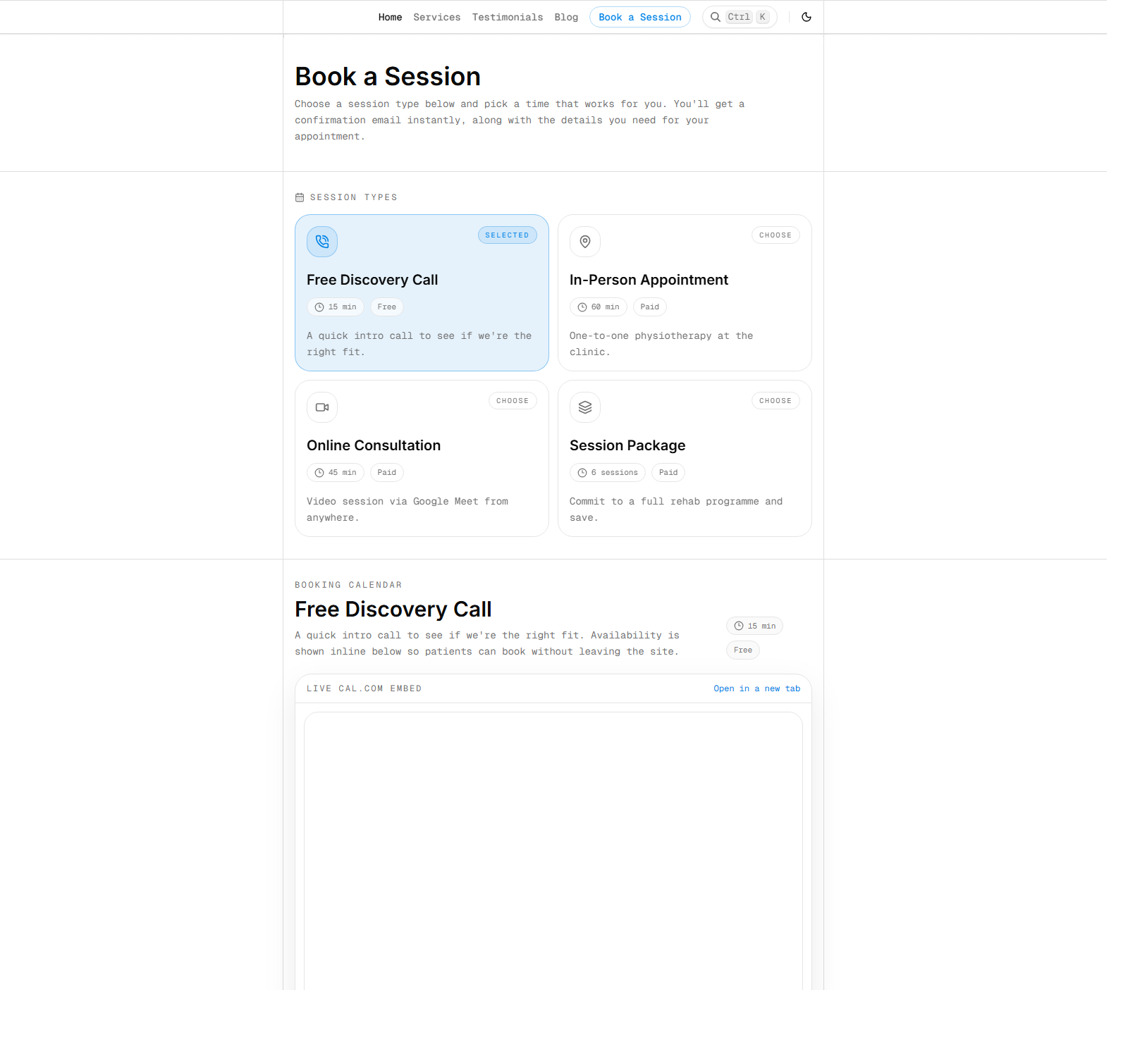 Large screenshot of the booking page with session options and packages.