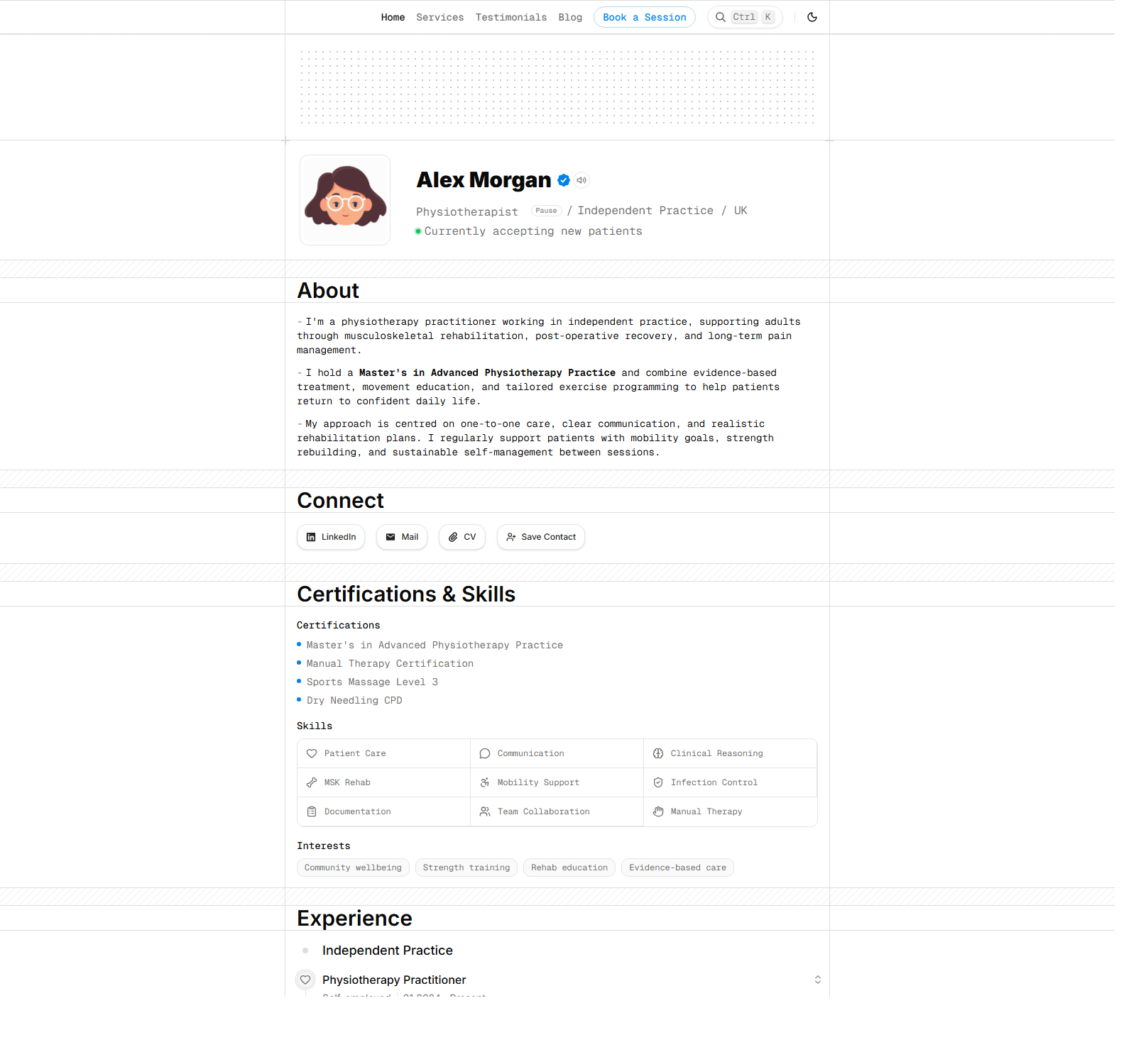 Large screenshot of the physio homepage with profile, about, connect, and credentials sections.