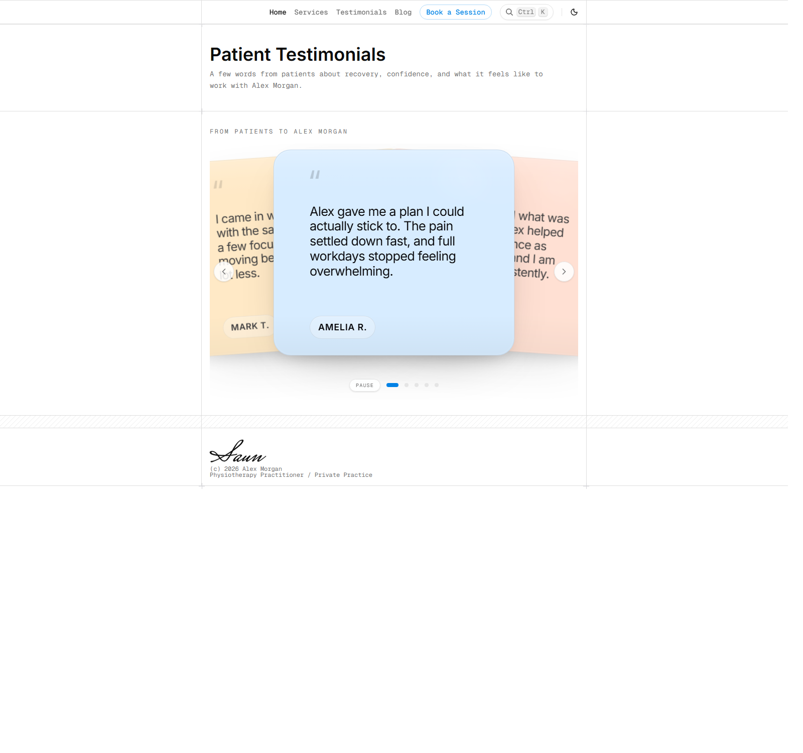 Large screenshot of the testimonials page with patient quote cards.