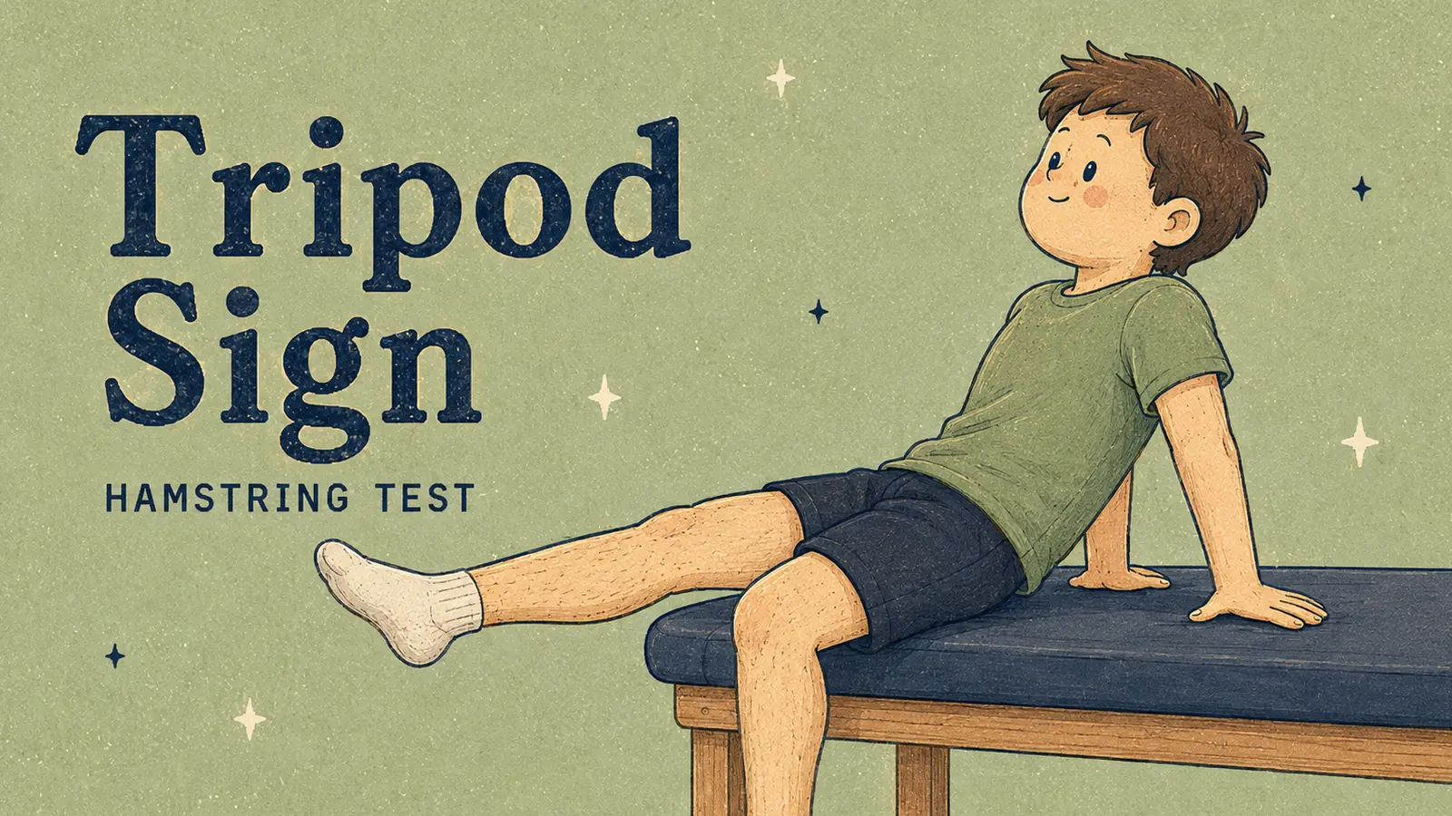 Illustration of a seated patient leaning back onto both hands with one knee extended, the tripod position, on a treatment plinth