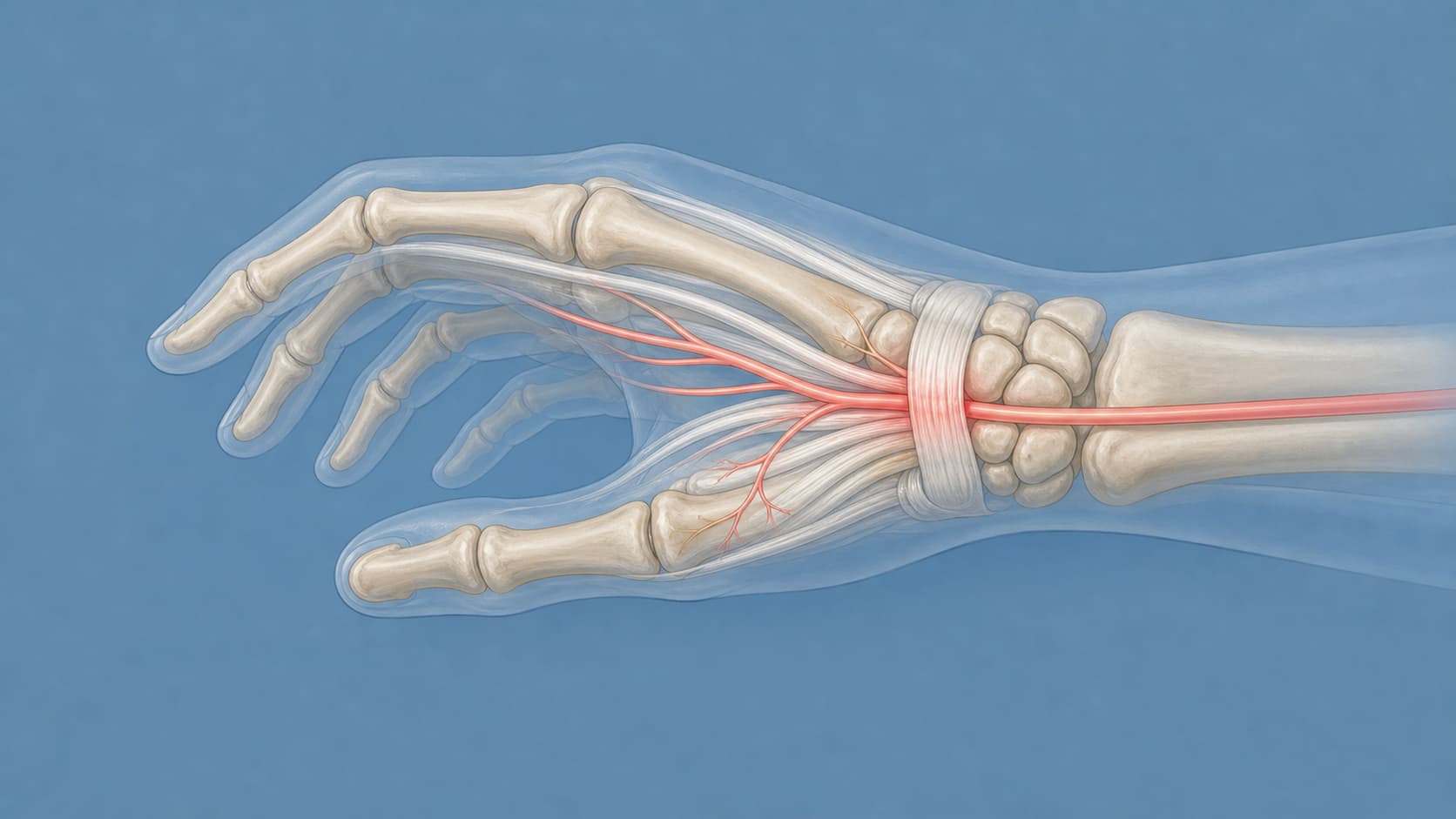 Anatomical illustration of the wrist showing the median nerve passing through the carpal tunnel beneath the transverse carpal ligament, with surrounding flexor tendons and carpal bones.